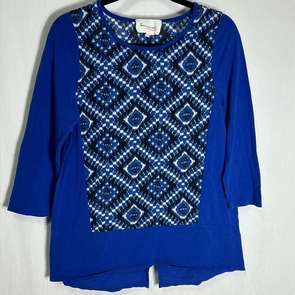 Two by Vince Camuto Blue‎ Ikat Diamond Print Knit Top Womens XS 3/4 Sleeve